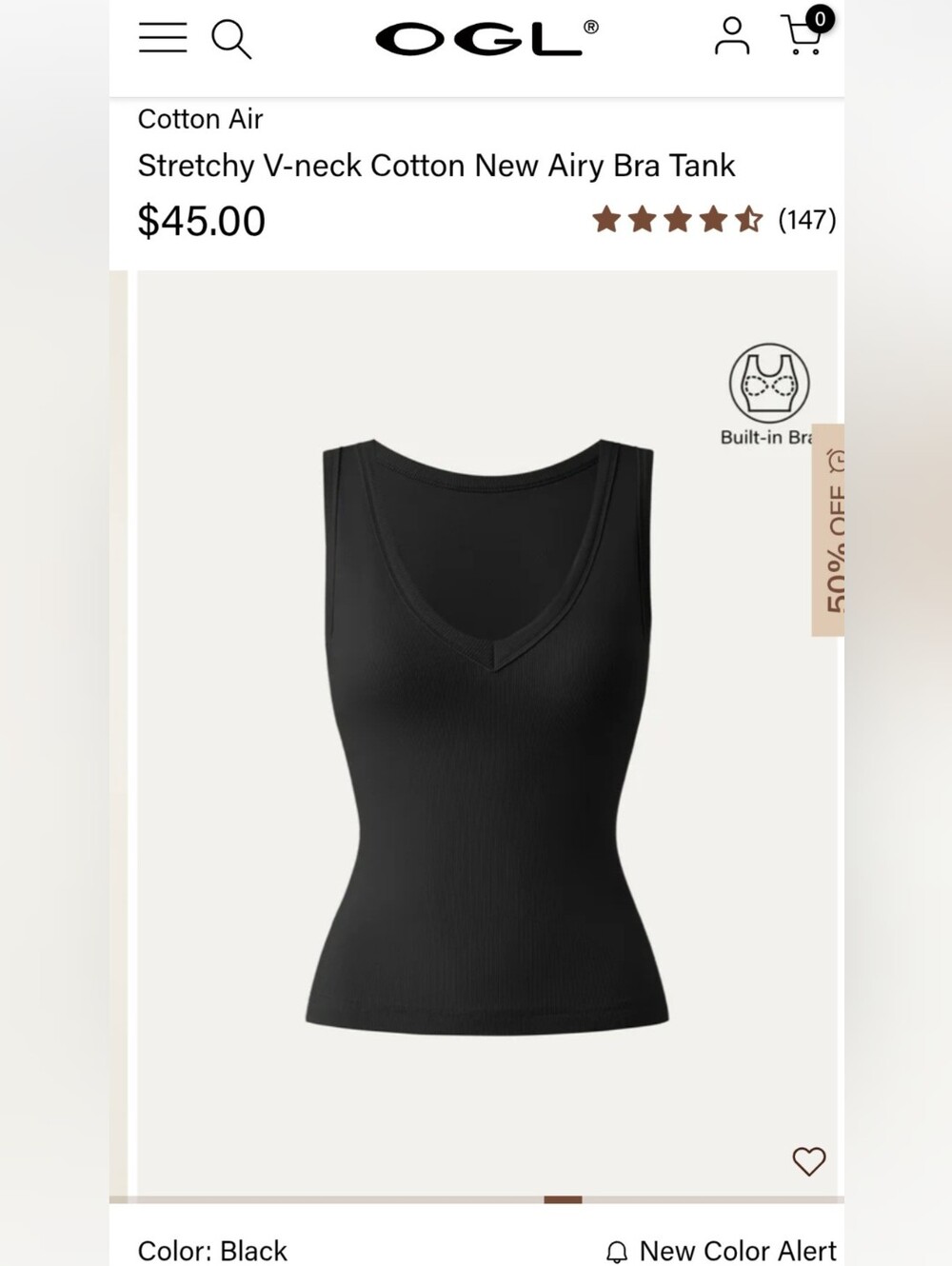 OGL V-Neck Black Tank Top with Built In Bra - NWT